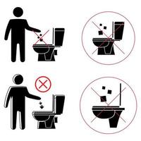 kasta inte på toaletten. toalett inget skräp. håller rent. Spola inte pappershanddukar, hygienprodukter, ikoner. förbjuden ikon. ingen skräp, varningssymbol. allmän information vektor
