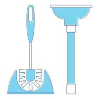 Toilettenbürste und Kolben. Pinsel und Kolben in blauer Farbe. Wird verwendet, wenn das Badezimmer schmutzig und das Waschbecken verstopft ist. Instrument zum Reinigen von Toiletten. Symbol für die Toilettenreinigung. Vektor
