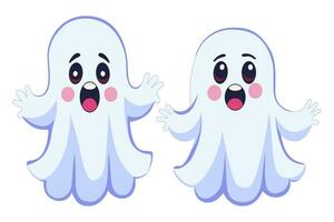 två söt läskigt halloween spöken. rolig komisk Spöke tecken. tecknad serie bebis sprit den där vilja till skrämma. vektor illustration.