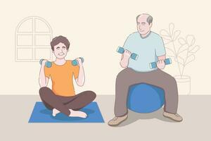 Alten Paar üben Yoga, Großeltern tun Übungen, Sport, Morgen Übungen, Karikatur Vektor Illustration.
