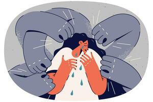 olycklig betonade kvinna omgiven förbi spöke händer. osynlig person slå gråt kvinna lida från våld. begrepp av självskada och bestraffning. vektor illustration.