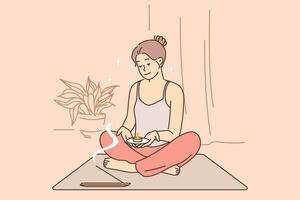 meditieren Frau tut Yoga und Verwendet Aroma Kerzen während spiritistisch Session und sitzt im Lotus Position. meditieren Mädchen will zu leisten Bewusstsein oder erhalten loswerden von psychologisch Probleme. vektor