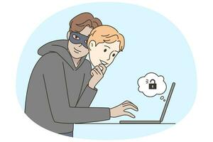 man under mask dataintrång på dator uppkopplad. manlig kriminell eller bedragare do olaglig aktivitet på internet. bedrägeri och lurendrejeri. vektor illustration.