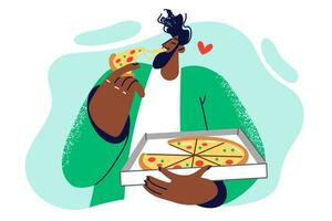 afrikansk amerikan man äter pizza och innehar låda från italiensk pizzeria med leverans tjänster. kille med aptit äter mozzarella pizza, njuter gott deg med tomat och smält ost vektor