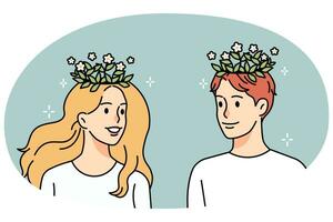 Pflanzen wachsend von Menschen Kopf. Mann und Frau haben Zimmerpflanzen auf Gehirn. Konzept von Selbstentwicklung und Verbesserung. Vektor Illustration.