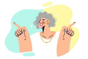 glücklich Alten Frau Punkte Finger im anders Richtungen und lächelt drängen zu führen aktiv Lebensstil nach Ruhestand. grau haarig elegant im Ruhestand Oma fühlt sich Schwall von Stärke und Vitalität vektor