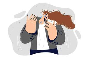 Weinen Frau steht mit Taschentuch im Hand und leidet von psychologisch Stress und Depression. Weinen traurig Mädchen Hoffnungen zum Unterstützung von freunde oder Fachmann Psychologe Beratung. vektor