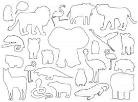 Reihe von Tiersilhouetten. Vektor Umriss Cartoon isolierte grafische Hand gezeichnete Illustration. Elefant Nilpferd Zebra Flamingo Löwe Wildschwein Tapir Pinguin Wombat Bär Murmeltier Chamäleon Krokodil Kiwi Schlange