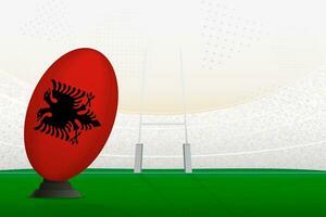 Albanien National Mannschaft Rugby Ball auf Rugby Stadion und Tor Beiträge, vorbereiten zum ein Strafe oder kostenlos trete. vektor