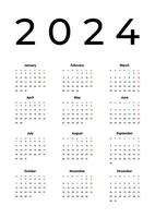 årlig kalender 2024 mall på vit bakgrund. vecka börjar på måndag. enkel svart och vit 2024 kalender. vektor minimalistisk kalender design