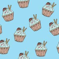 sömlös mönster med muffin med blå grädde, kaka och våfflor vektor
