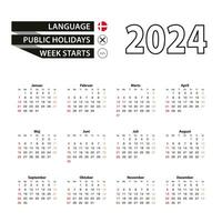 2024 kalender i dansk språk, vecka börjar från söndag. vektor