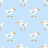 sömlös mönster rolig söt tecknad serie seagulls på en blå bakgrund. hav fågel. design för utskrift, textilier, tyger. vektor illustration