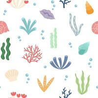 sömlös mönster med färgad tecknad serie tång, skal och koraller på en vit bakgrund. hav flora design för skriva ut, textil. vektor illustration