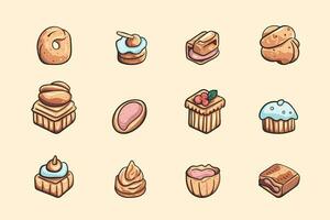 einstellen von Süss Kuchen, Vektor Illustration. Dessert Essen Symbol. Bäckerei Design Elemente, Logos, Abzeichen, Etiketten und Symbole.