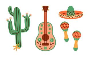 einstellen von Mexikaner Urlaub Attribute zum Maracas festlich Karte. traditionell Latein Musical Instrumente. Mexikaner Rassel Karikatur Stil. vektor