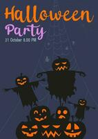 Halloween Party Einladung mit unheimlich Kürbisse und Zombie Hände. glücklich Halloween Urlaub. Poster oder Banner und Netz Banner mit Spinne Netz unheimlich Trank auf schwarz und dunkel Blau Hintergrund zum Schule. vektor