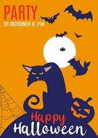 halloween illustration med svart katt på måne gul skrämmande bakgrund. halloween fest inbjudan med skrämmande fladdermus och pumpa. Lycklig halloween Semester. affisch och webb baner. vektor illustration.