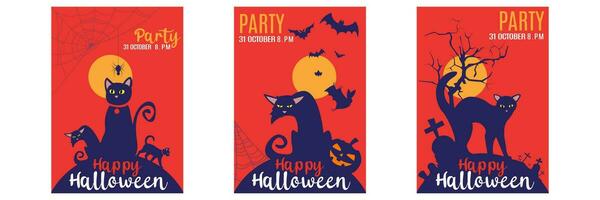 vektor illustration av en Lycklig halloween med en full måne, svart katt, pumpor, fladdermöss, träd, zombie, kyrkogård. halloween fest inbjudan design och affisch mönster med halloween symboler.