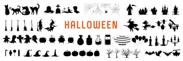 uppsättning av silhuetter eller ikoner av halloween på en vit bakgrund svart. vektor illustration.