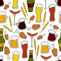 Vektor Gekritzel Illustration - - nahtlos Muster anders Typen von Bier im Tassen, Brille und Flaschen mit Snacks. Oktoberfest Bier Festival. zum zum Verpackung, Netz Design, Hintergrund