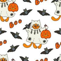 nahtlos Muster süß Ingwer Karikatur Katze im ein Geist Kostüm mit ein Kürbis Laterne und fliegend Fledermäuse. Vektor Gekritzel Halloween Hintergrund zum Verpackung, Textil, Hintergrund
