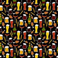 vektor klotter illustration - sömlös mönster annorlunda typer av öl i muggar, glasögon och flaskor med snacks på svart bakgrund. oktoberfest öl festival. för för förpackning, webb design, tapet
