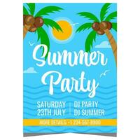 Sommer- Party Karikatur Poster mit Palme Bäume, Meer Wellen und Sonnenschein auf das Hintergrund. Tourist Resort und exotisch Ferien Veranstaltung Vorlage zu genießen das Sommer, Meer Frische und entspannend Ambiente. vektor