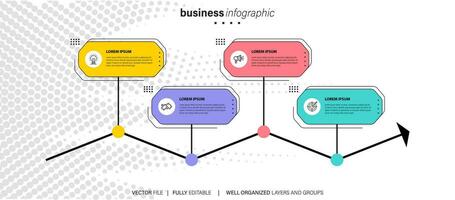 Vektor Infografik Vorlage mit vier Schritte oder Optionen. Illustration Präsentation mit Linie Elemente Symbole. Geschäft Konzept Design können Sein benutzt zum Netz, Broschüre, Diagramm