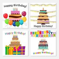 uppsättning av fyra hälsning kort med ljuv kaka för födelsedag firande. vektor illustration