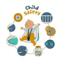 Kind Sicherheit beim heim. Infografiken. Methoden zum schützen ein klein Kind von elektrisch Schock, Schock, Erstickung, fallen, Gas und Feuer. Vektor isoliert Illustration