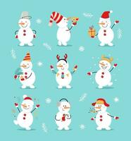 Winter einstellen von süß Schneemänner. heiter Schneemänner im anders Kostüme. Geschenk, Vogel, tanzen, Spaß, Dekoration von ein Baum Ast. Vektor eben Illustration im Karikatur Stil