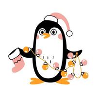 süß wenig glücklich Pinguin mit ein Girlande und ein Socke. Vektor eben Illustration