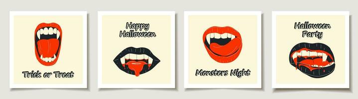 uppsättning av halloween kort med uppsättning av fyra vampyr mun med huggtänder uppsättning . hälsning kort med magi föremål. vektor