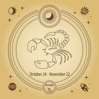 Sternzeichen Skorpion, astrologisches Horoskopzeichen. Umrisszeichnung in einem dekorativen Kreis mit mystischen astronomischen Symbolen. Vektor