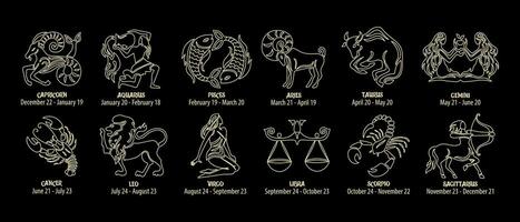 Tierkreis Zeichen, astrologisch Horoskop Zeichen. Gold und schwarz Design. Symbole, Vektor
