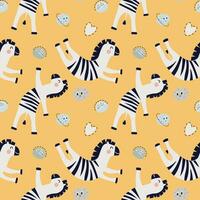 nahtlos Muster, süß Karikatur Tanzen Zebras auf das Hintergrund von Gekritzel Planeten und Herzen. Kinder- drucken, Textil, Vektor