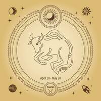 Stier Sternzeichen, astrologisches Horoskopzeichen. Umrisszeichnung in einem dekorativen Kreis mit mystischen astronomischen Symbolen. Vektor