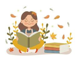 süßes kleines mädchen liest ein buch und bücher auf dem hintergrund der herbstblätter. Cartoon-Stil. Herbstschuldruck, Vektor
