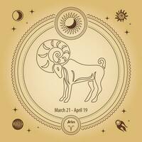 aries zodiaken tecken, astro horoskop tecken. översikt teckning i en dekorativ cirkel med mystisk astronomisk symboler. vektor
