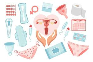 feminin hygien uppsättning. menstruations- period begrepp. menstruations- kopp, tamponger, livmoder, tvål, trosor, en gång i månaden kalender, sanitär servett och piller. vektor