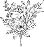 vild blommor ritningar, vild blommor uppsättning på de klotter konst, färg sida vektor skiss ritad för hand illustrationer, och skön botanisk element, delikat blommor skriva ut. konstnärlig blommor uppsättning.