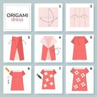 Kleid Origami planen Lernprogramm ziehen um Modell. Origami zum Kinder. Schritt durch Schritt Wie zu machen ein süß Origami Stoff zum Frauen. Vektor Illustration.