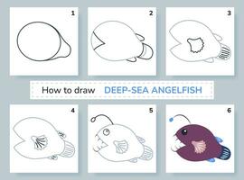 Zeichnung Lernprogramm. Wie zu zeichnen Tiefsee Kaiserfisch. Bildung und Aktivität Seite zum Vorschule und Schule Kinder. Kinder Arbeitsblatt. Schritt durch Schritt Kunst Lektionen mit Fisch. Vektor Illustration.