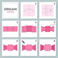 godis origami schema handledning rör på sig modell. origami för ungar. steg förbi steg på vilket sätt till göra en söt origami godis. vektor illustration.