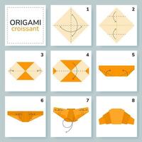 Croissant Origami planen Lernprogramm ziehen um Modell. Origami zum Kinder. Schritt durch Schritt Wie zu machen ein süß Origami Croissant. Vektor Illustration.