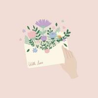 eben Hand gezeichnet Vektor Illustration von süß Briefumschlag gefüllt mit wild Blumen und Blätter mit ein Hand halten Es. dekorativ Element zum Karte, Postkarte, Aufkleber, Banner, Einladung, Sozial Medien Post