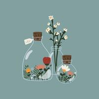 ein eben Vektor Hand gezeichnet Glas Flasche mit dekorativ Blumen- Design von Flasche Blume Garten, Kräuter und Blätter Innerhalb . zum Karten, Einladungen, Stift Aufkleber, Sammelalbum