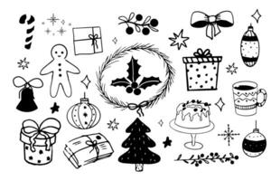 jul uppsättning element ikoner pepparkaka man, presenterar, vinter- dekorationer, struntsak och ljus i klotter stil isolerat på vit bakgrund. vektor illustration
