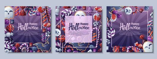 uppsättning av vektor bakgrunder för halloween inbjudan eller hälsning kort. affisch, baner med spöke och fladdermus småkakor, godis, sötsaker, småkakor, klubbor. bra för flygblad, bakgrund